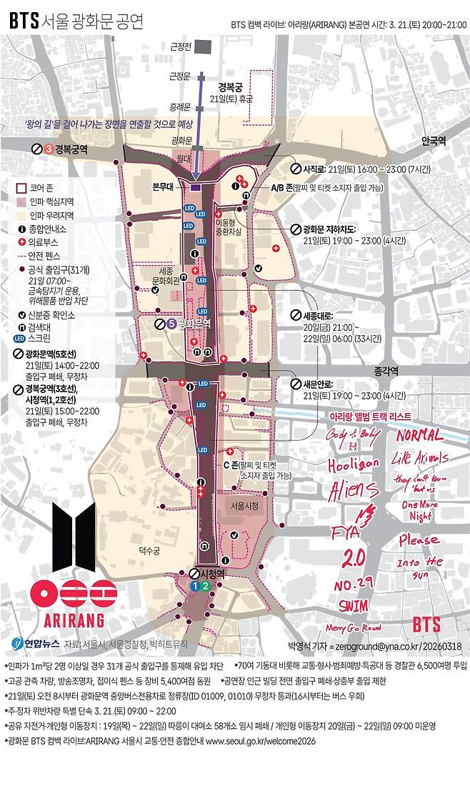 서울 광화문에서 열리는 BTS 공연엔 최대 26만명이 몰려들 것으로 전망된다. [연합뉴스]