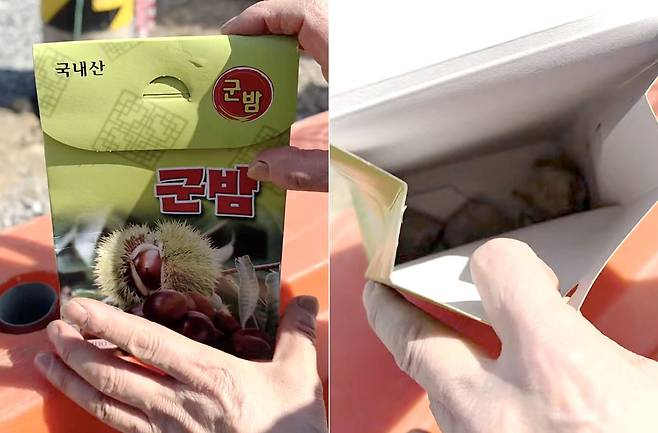 매화축제 현장에서 구매한 군밤 봉지에 돌멩이가 들어있는 모습. 사진 스레드 캡처