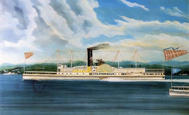 “단속반 떴다, 누구보다 빠르게, 남들과는 다르게 얼른 도망쳐~~” 벤더빌트 소유의 증기선을 묘사한 미국 화가 제임스 바드의 그림.