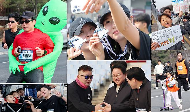 ▲&nbsp;22일 인천 문학경기장 일대에서 '제26회 인천 국제하프마라톤 대회'가 열렸다. 사진 설명은 왼쪽에서 시계방향. 외계인 옷을 입은 마라토너가 질주하고 있다. 5km를 완주한 마라토너들이 기념 사진을 촬영하고 있다. 어린이들이 피켓을 들고 마라토너들을 응원을 하고 있다. 한 어린이가 마라토너들 사이로 킥보드를 타고 질주하고 있다. 황영조 국민체육진흥공단 감독이 인사를 하고 있다. 한 가족이 마라톤 기념 사진을 촬영하고 있다. /전광현·박준엽 기자 maggie@incheonilbo.com