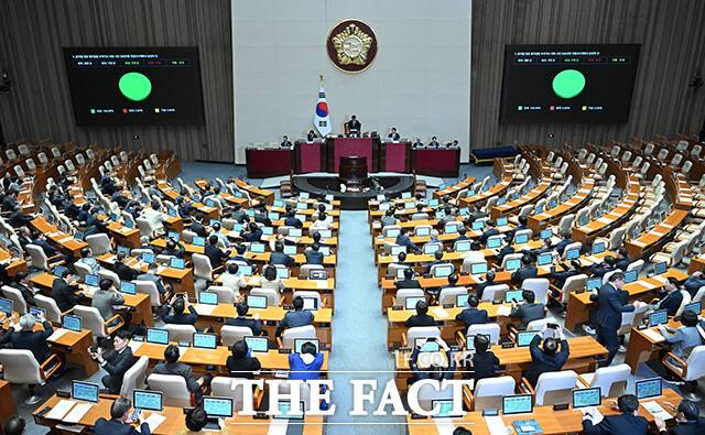 22일 오후 서울 여의도 국회에서 열린 제433회 국회(임시회) 본회의에서 윤석열 정권 정치검찰 조작기소 의혹 사건 진상규명 국정조사계획서 승인의 건이 의결되고 있다. /국회=박헌우 기자