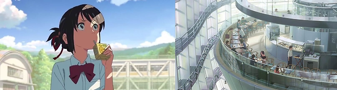 (왼쪽) 미즈하의 동네에서 친구들과 즐길 수 있는 음료는 대부분 미리 제조된 RTD다. (오른쪽) 그러나 타키로 몸이 바뀐 후에는 도쿄에 있는 세계적 카페에서 즉석으로 내려주는 커피를 마실 수 있다. [IMDb]