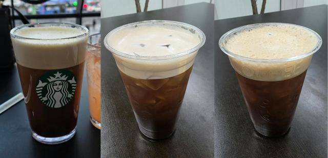 공기 주입 공법을 적용한 커피 브랜드의 아메리카노 신메뉴들. 왼쪽부터 스타벅스 ‘에어로카노’, 빽다방 ‘에어폼 아메리카노’, 컴포즈커피 ‘에어리 아메리카노’. [사진=김현아 기자]