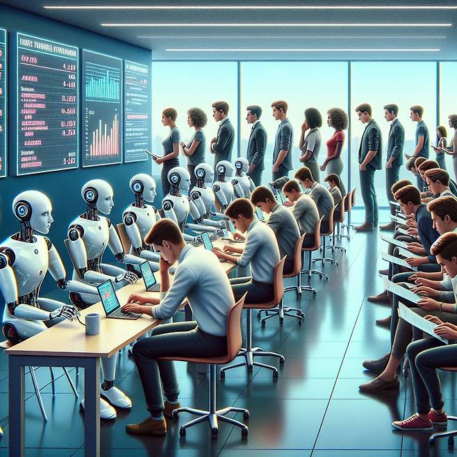 AI가 일자리를 대체하면서 청년들의 고용시장 진입이 어려워진 모습을 AI가 만들어낸 이미지.(달리)