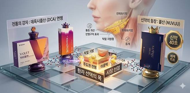 데옥시콜산(DCA) 성분의 대웅제약의 '브이롤렛'과 LG화학의 '벨라콜린' 등이 선점한 이중 턱 개선제(턱 밑 지방 분해제) 시장에 최초의 콜산 성분제제인 메디톡스의 '뉴비쥬'가 오는 3월 30일 출시돼 경쟁을 펼칠 전망이다. 사진=각 사, 제미나이