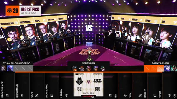 22일 브라질 상파울루에서 열린 '2026 리그 오브 레전드 퍼스트 스탠드 토너먼트(FST)' 결승전 2세트에서 BLG가 치열한 난타전 끝에 G2를 꺾고 시리즈를 원점으로 돌렸다. . /사진=라이브영상 캡처