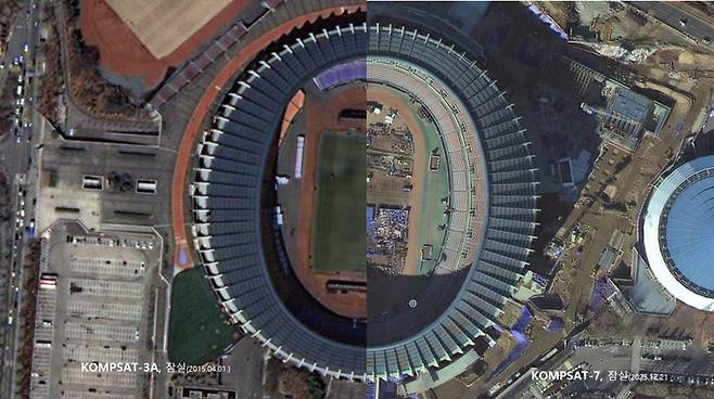 다목적실용위성 7호로 잠실종합운동장을 촬영한 모습(오른쪽). 다목적실용위성 3호로 찍었을 때(왼쪽)와 비교하면 해상도가 놀랍도록 또렷해진 것을 알 수 있다. 잠실종합운동장의 지붕 경계선과 인근 도로 모습, 지나다니는 차량의 종류까지 확인이 가능하다. /우주항공청