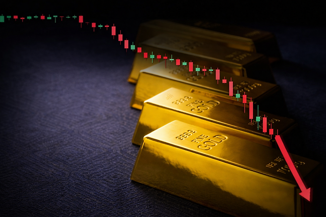 금 가격 하락을 나타내는 차트 이미지. 전쟁과 인플레이션에도 불구하고 금값이 하락하면서 안전자산 역할에 대한 의문이 제기되고 있다. 챗GPT 생성 이미지