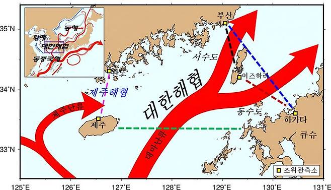 최근 국립해양조사원이 관측한 ‘대한해협 내 바닷물 유입·유출량 산출’에 활용된 조위관측소 위치와 주요 해류 흐름도. 국립해양조사원 제공
