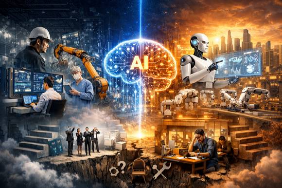 공장·사무실·병원을 가릴 것 없이 산업 전반에 AI가 파고들며 한국 경제의 구조적 전환이 가속화되고 있다. [사진=챗지피티]