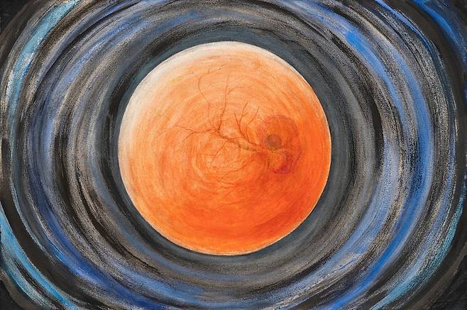 풍요를 상징하는 마야의 여신 이셸을 그린 김미루의 '달의 여신, 이셸'. 그는 "부화중인 달걀의 노른자에서도 이셸의 모습을 본다"고 했다. 사진 갤러리 루벤