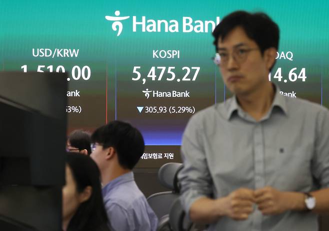 23일 서울 중구 하나은행 본점 딜링룸 전광판에 코스피가 표시돼 있다. 연합뉴스