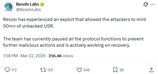 리졸브랩스 측이 USR 무단 발행 사실을 인정하고 프로토콜 가동을 전면 중단했다고 밝히고 있다. [사진=리졸브랩스 X]