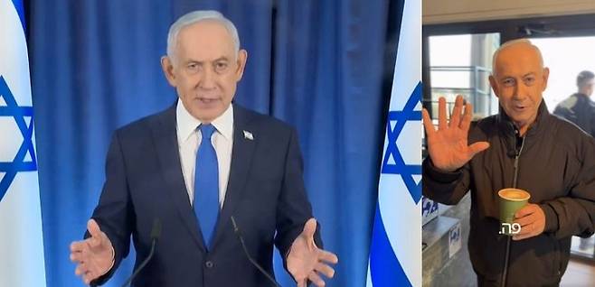 [서울=뉴시스] 베냐민 네타냐후 이스라엘 총리는 지난 13일 엑스 등 소셜네트워크서비스(SNS)에 이란과의 무력 충돌에 대한 영상 브리핑을 공개했다. 하지만 영상 속 그의 오른손 손가락이 6개로 보인다는 게시물이 확산되면서 사망설에 휩싸였다. 네타냐후 총리는 이틀 뒤인 15일 카페를 방문한 모습이 담긴 영상을 공개하며 사망설을 일축했다. 2026.03.22. (사진=베냐민 네타냐후 이스라엘 총리 엑스 영상 캡처) *재판매 및 DB 금지