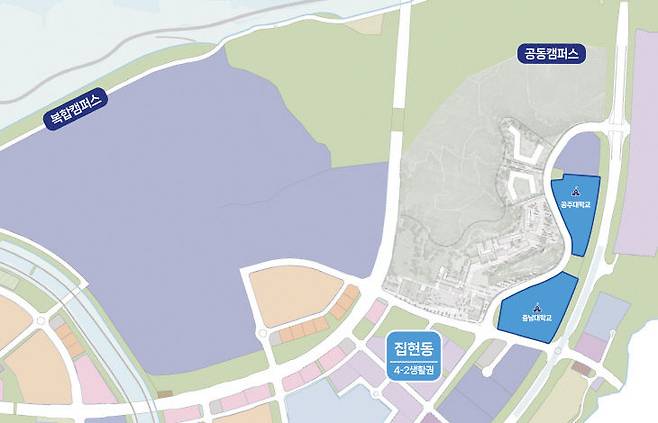 집현동 공동캠퍼스 내 분양형 부지에 들어설 충남대와 공주대.