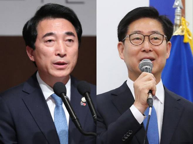 연합뉴스/ 더불어민주당 박수현 의원(사진 왼쪽)과 양승조 전 충남지사