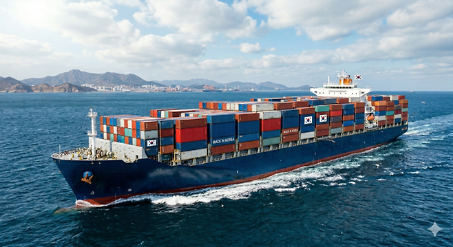 수출용 컨테이너를 가득 실은 화물선이 바다를 가르며 세계 시장을 향해 항해하고 있다. <그래픽(박용기)=생성형 AI>