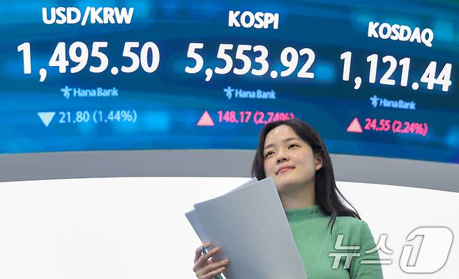 코스피가 5500선을 회복한 24일 오후 서울 중구 하나은행 본점 딜링룸 전광판에 종가가 나오고 있다.  2026.3.24 ⓒ 뉴스1 안은나 기자