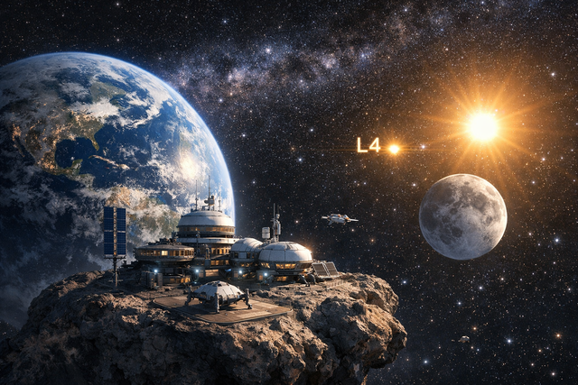 태양과 지구의 중력이 균형이 이루는 L4(라그랑주 지점).  제미나이로 그린 일러스트.