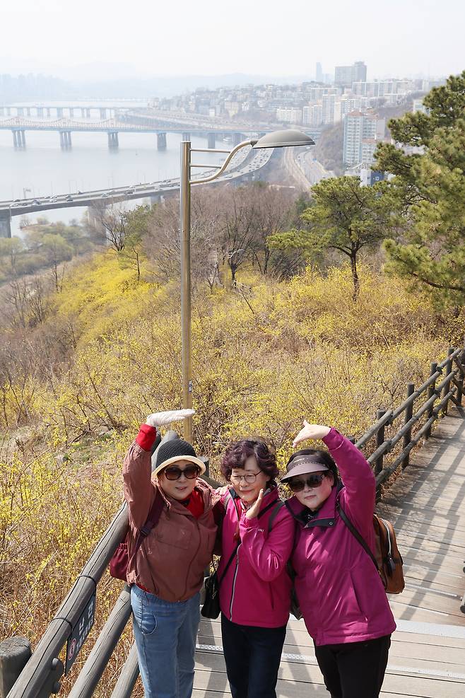 Three women pose for a photo along a hiking trail on Eungbongsan, where forsythia are in bloom, Monday. (Yonhap)