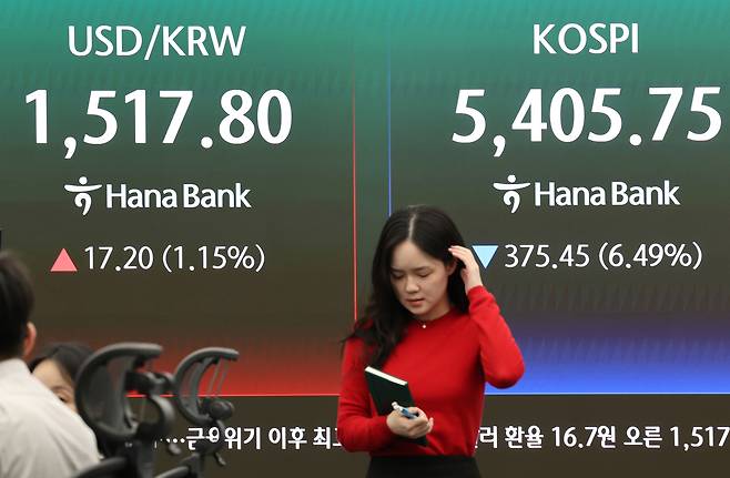 Financial data are displayed on a screen inside the dealing room of Hana Bank of central Seoul on March 23. (Yonhap)