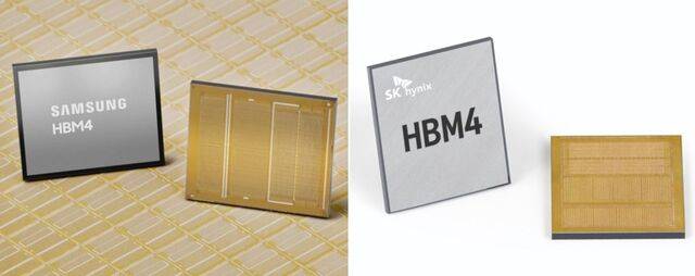 삼성전자(왼쪽)와 SK하이닉스의 6세대 고대역폭메모리 HBM4 제품 사진. 삼성전자는 지난달 세계 최초로 HBM4를 양산 출하한 데 이어 이달 중순 미국 새너제이에서 열린 ‘GTC 2026’에서 7세대 HBM4E 실물을 공개했다. SK하이닉스는 엔비디아의 차세대 AI 가속기 베라 루빈 칩 시제품에 탑재된 HBM4를 공개했다. 각 사 제공