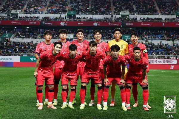 ▲ 지난해 11월 볼리비아와의 평가전 당시 선발 출전한 축구대표팀 11명의 모습. 사진=KFA