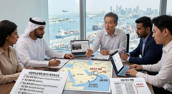 전쟁 장기화에 대비해 사업연속성계획(BCP)을 점검하고 물류 대체 루트를 논의하는 모습 /사진=제미나이