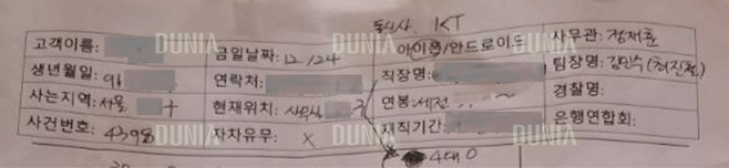 ▲ 문건 상단 표의 ‘금일날짜’ 항목에 적힌 12월 24일은 바로&nbsp; 캄보디아 프놈펜에 위치한 스캠 조직 본부에서 한 조직원이 김 씨에게 전화를 건 날이다. 또 팀장명 난에 적힌 최진철은 조직원이 검사를 사칭한 이름이다. (출처: 두니아)