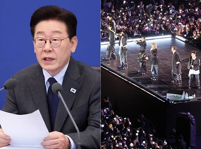 이재명 대통령이 24일 국무회의에서 발언하고 있다.(왼쪽) BTS가 21일 저녁 서울 광화문 광장에서 공연하고 있다. 연합뉴스