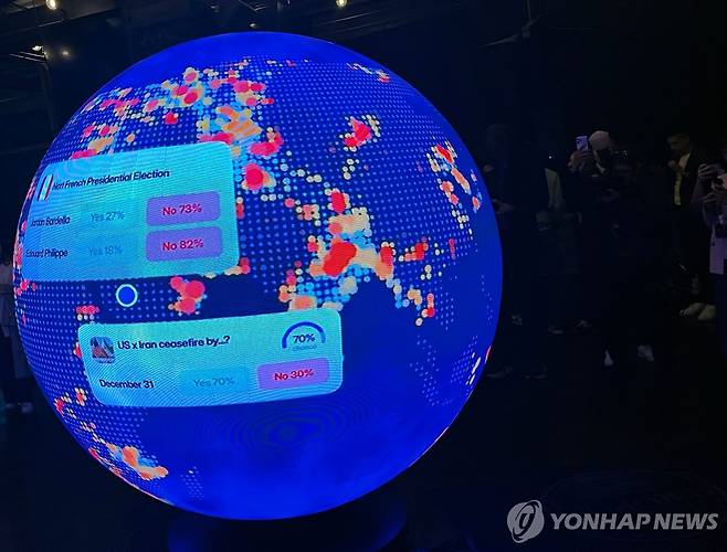 폴리마켓의 각종 상품에 대한 베팅 현황이 표시된 전광판 [AFP 연합뉴스 자료사진]