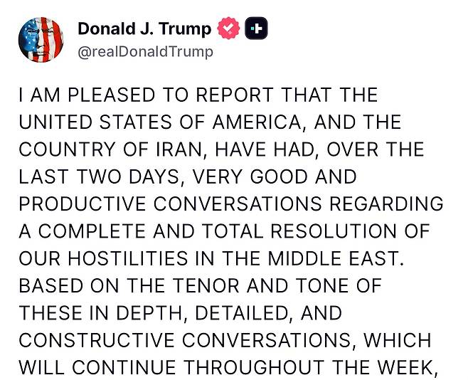 도널드 트럼프 대통령 "이란과 생산적인 대화 나눴다" [트럼프 대통령 트루스소셜 화면 캡처. 재판매 및 DB 금지]