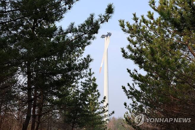 완전히 불이 꺼지지 않은 풍력발전기 (영덕=연합뉴스) 손대성 기자 = 24일 오전 경북 영덕군 영덕읍 풍력발전기가 까맣게 탄 채 서 있다.
    전날 이 발전기에서 불이 나 수리하던 작업자 3명이 숨졌다.
    소방 당국은 발전기에 남은 불을 끄고 있다. 2026.3.24 sds123@yna.co.kr