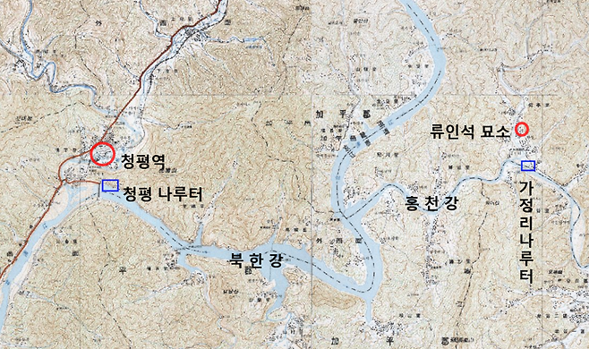 8.15해방 1주년 직후 백범 김구 선생의 강원도행 이동 경로. 경춘선 청평역에 내려 배를 타고 춘천 남면 가정리 나루터에 닿았다. 1970년대 지도이나 1946년과 크게 다르지 않다. 지도=국토정보지리원, 제작=전정희 기자