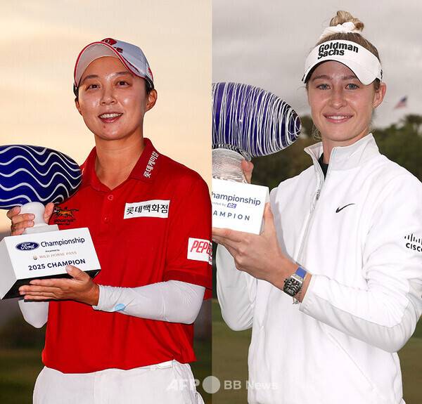 2026년 미국여자프로골프(LPGA) 투어 포드 챔피언십에 출전하는 2025년 우승자 김효주 프로, 2024년 우승자 넬리 코다(미국). 사진제공=ⓒAFPBBNews = News1 (사진을 무단으로 사용하지 마십시오.)