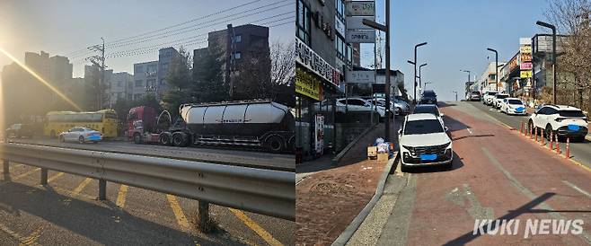 교통 혼잡 시간인 평일 오후 4~6시 사이의 당진하이마트 사거리 인근 모습과 송악읍 기지시리 우체국 앞 거리. 사진=이은성 기자