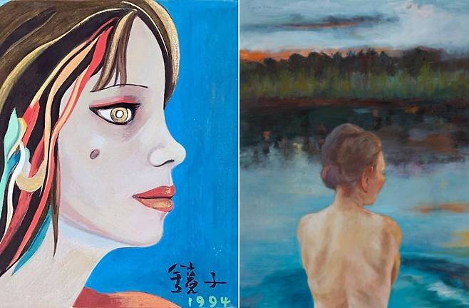 왼쪽부터 천경자의 ‘소녀’(1994), 수미타김의 ‘Wrapped in Tranquility-8’(2024). 모녀 작가의 작품. /갤러리나우 제공