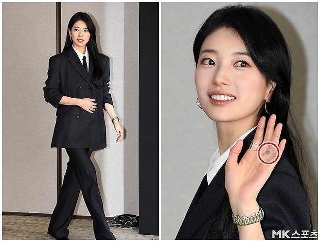 배우 수지가 정갈한 슈트룩 속 반전 디테일로 시선을 사로잡았다. / 사진 = 천정환 기자