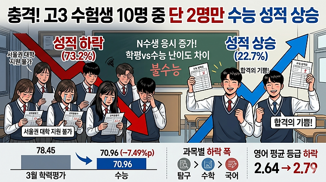 2026학년도 고3 수험생 10명 중 단 2명 만이 3월 전국연합학력평가(학력평가)보다 대학수학능력시험(수능)에서 성적이 상승했다는 분석 결과가 나왔다. 사진은 기사를 분석해 AI가 제작한 그림. [제미나이로 제작]