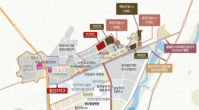 첨단3지구의 주요 개발 계획 및 신설 예정 교통망 등이 담긴 광역도