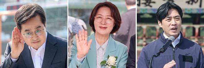 ▲&nbsp;6·3 지방선거 더불어민주당 경기도지사 본경선 후보로 확정된 김동연·추미애·한준호(가나다순) 후보가 본선행 티켓을 거머쥐기 위한 본격적인 레이스에 돌입했다. 24일 용인서울고속도로 금토 영업소 앞에서 '경기도민 자산 1억 만들기' 로드맵을 발표 중인 김 지사(왼쪽)와 'MARS 2026 AI 투자유치 콘퍼런스'에 참석해 미래 산업 비전을 제시하는 추 의원(가운데), 수원 화성행궁 신풍루 앞에서 제2차 비전발표회를 열고 지지를 호소하는 한 의원의 모습./김철빈·전광현 기자 maggie@incheonilbo.com