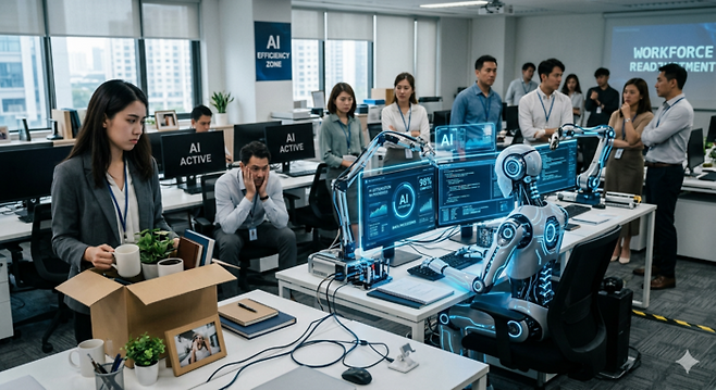 인공지능(AI) 로봇이 사무실에서 일을 하고 있는 모습. Gemini 생성 이미지