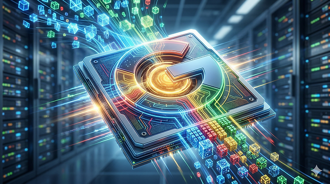 구글 로고를 형상화한 반도체 칩 위로 데이터가 흐르는 모습을 형상화한 이미지. AI 메모리 압축 기술 ‘터보퀀트’의 개념을 시각적으로 표현했다. 제미나이 AI 생성 이미지