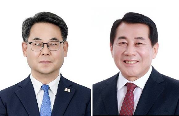 (왼쪽부터) 박대조 더불어민주당 양산시장 예비후보, 나동연 현 양산시장. [사진=부산언론인연합회]