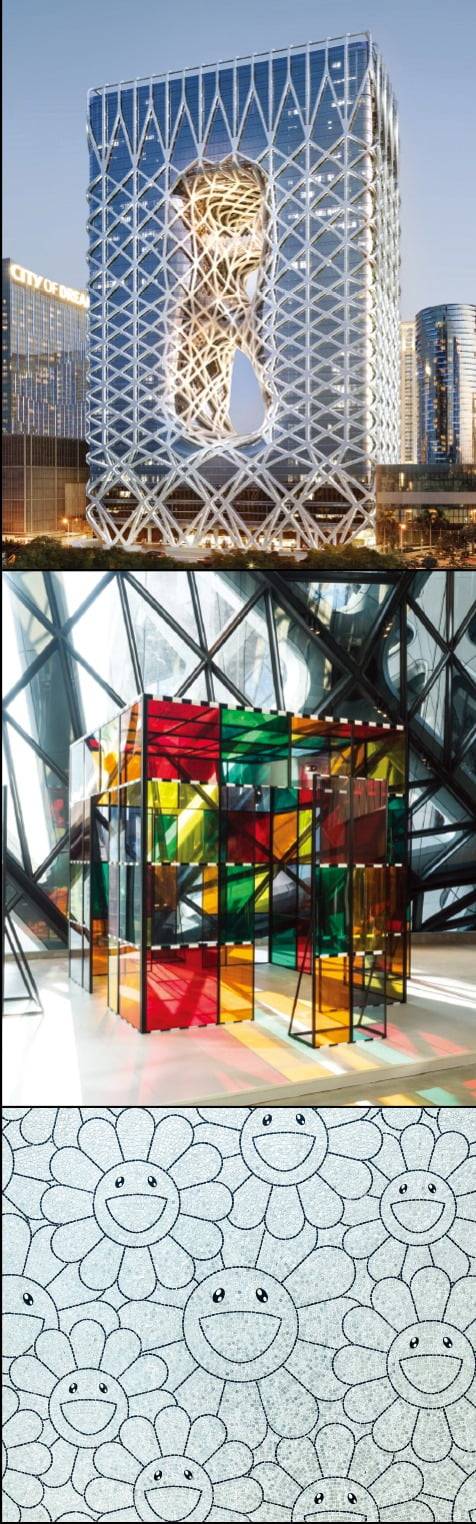 자하 하디드 유작인 모르페우스호텔은 외골격을 그대로 드러낸 설계로 미래 도시 같은 느낌을 자아낸다. 다니엘 뷔렌의 ‘익스플로디드 헛(Exploded Hut)’. 호텔 외관과 어우러져 건축미를 뽐낸다. 카지노 로비 벽을 수놓은 무라카미 다카시의 작품 ‘무제(Untitled)’(위부터).