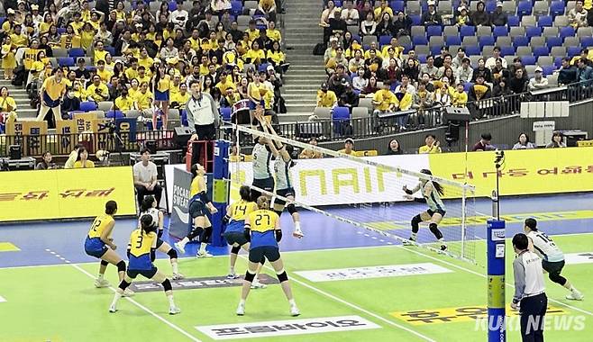 현대건설이 26일 오후 7시 수원체육관에서 GS칼텍스와 플레이오프 1차전을 펼치고 있다. 이영재 기자