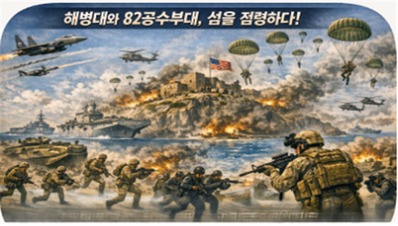 2개의 강습상륙단과 공수부대의 호르무즈 해협 전략 요충 작은 섬 점령작전 상상도. 김태준 한반도안보문제연구소장 AI 그림