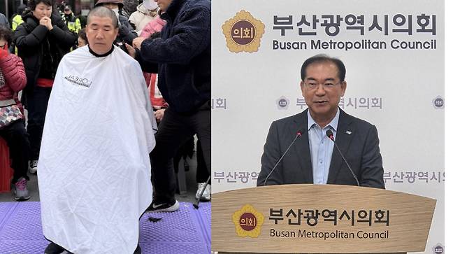 국민의힘에서 제명된 조병길 사상구청장(오른쪽)이 구청장 도전을 공식화 하고, 국민의힘 복당에 좌절돼 삭발을 단행한 김쌍우 전 시의원이 기장군수 선거에 출마할 것을 시사하고 있다. 각 후보 측 제공