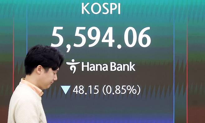 26일 서울 중구 하나은행 딜링룸 전광판에 지수가 표시되고 있다. 뉴시스