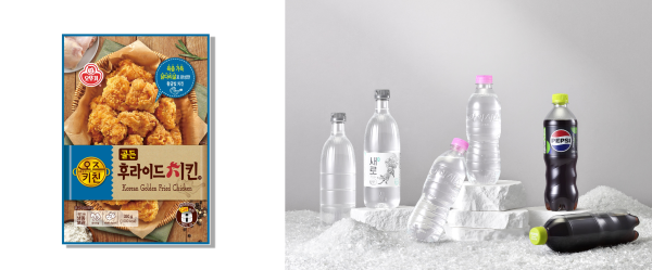 오뚜기 ‘오즈키친 골든 후라이드치킨’(왼쪽)과 롯데칠성음료 ‘MR-PET 100% 페트병’ 3종(오른쪽)./사진=각 사 제공